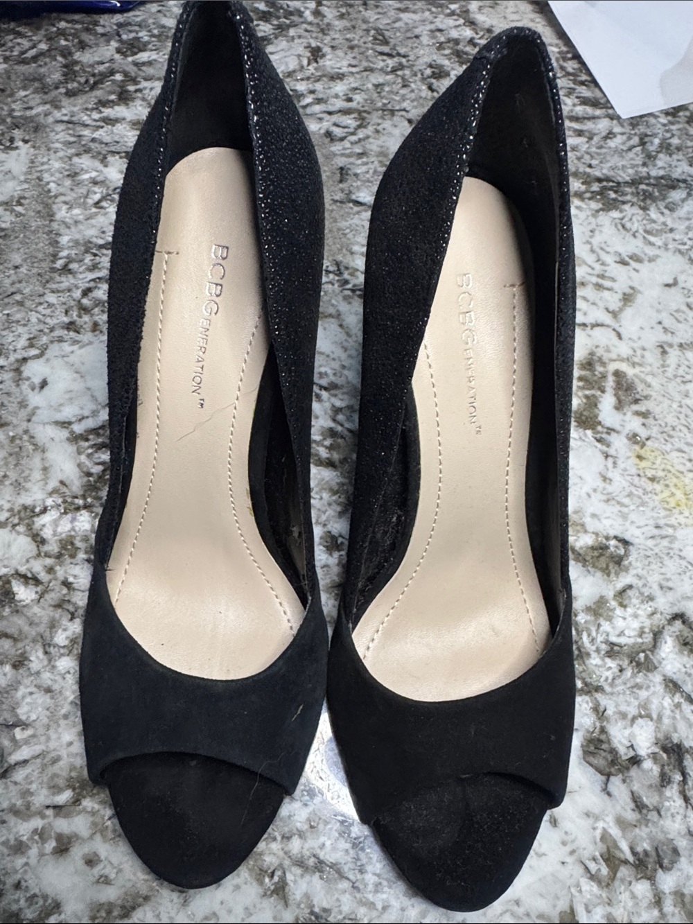 BCBGeneration Black Sparkle Peep-Toe Heels
